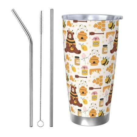 

Gaeub Cute Bee Honey Jar Hive Bear Print 20-Ounce Stainless Steel Car Cup Tumblers Cups with Lids and Straw Coffee Cups for Adults Kids Home Car Office School Travel Party-Straw Three-piece Set