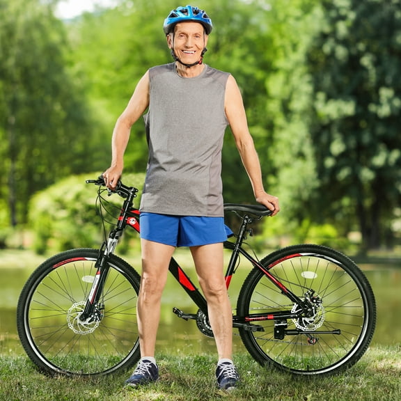 26 Inch 21-Speed Mountain Bike for Adults – High Carbon Steel Frame, Double Disc Brakes, Front Suspension Fork, Explorer Red & Black MTB for Men and Women, Trail and Urban Riding