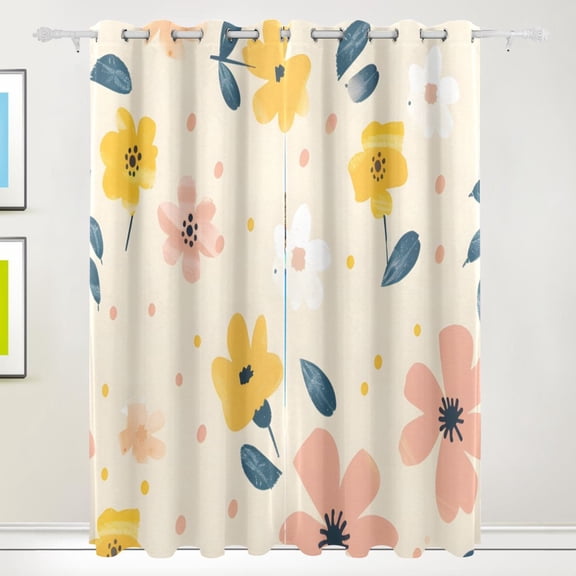 Retro Colors Flower Blackout Curtains 55W x 84L Living Room Bedroom Curtains Heat Insulation and Sun Protection 2-Pack