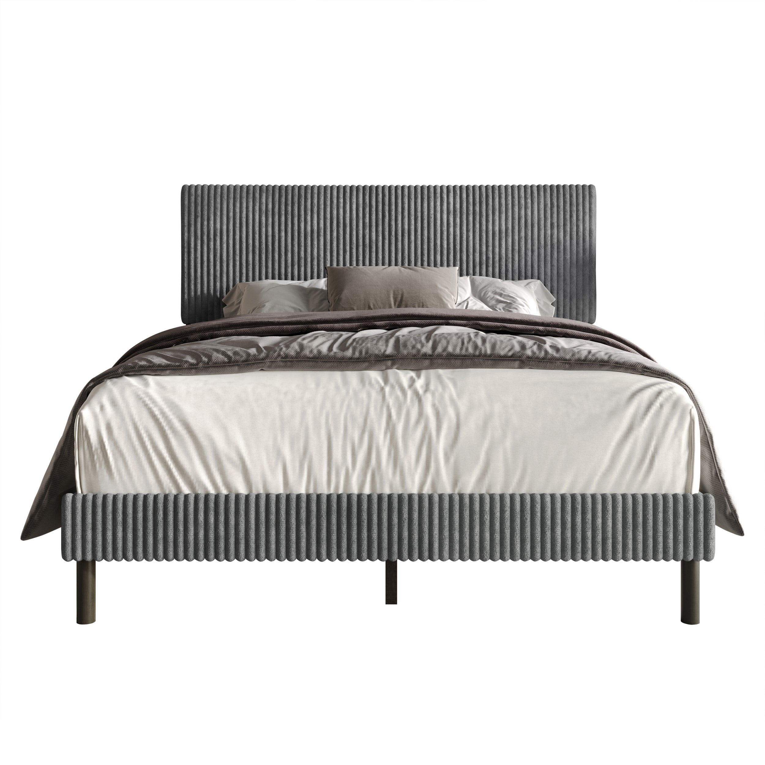 Home Design Osceola Queen Luxurious Corduroy Upholstered Panel Bed Framefor Adult, Gray, Easy Assembly, Box Spring Required (Sold Separately)