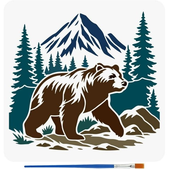Wild Bear Stencil with a Brush 11.8x11.8Inch Mountain Forest Painting Stencil Reusable Stone Grass Template Animal Theme Decoration Template