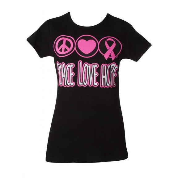 Womens Breast Cancer Awareness "Peace Love Hope" Black T-Shirt - X-Large