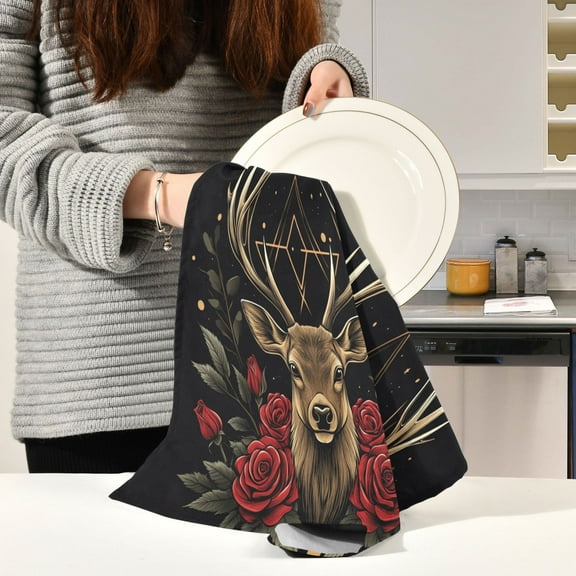 BZSMCE Kitchen Towels Creative Ffyy3_design_an_emblem_featuring_the_head_of_a_deer_with_antler_0507ebb8-4682-4432-98b7-fd51de51062c Pattern Durable Kitchen Towel