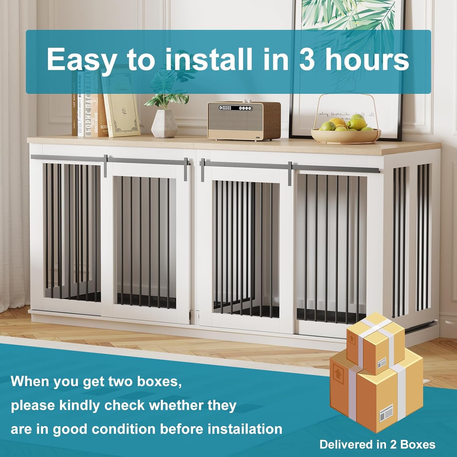 Spacious 71" Wooden Dog Crate for 2 Dogs, Stylish Heavy-Duty Dog House with Divider and Dual Trays, Perfect as Indoor Furniture or TV Stand