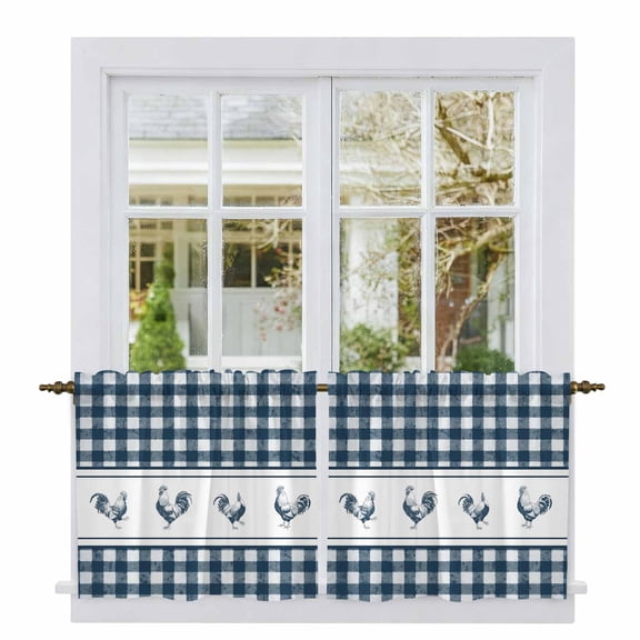 Farmhouse Blue Plaid Tier Curtains 36 Inch Length, Vintage Country Cock Checkered Cafe Short Curtains for Bathroom Over Sink, Small Kitchen Curtain Light Filtering Tiered Drapes 2 Panels 27.5"Wx36"L