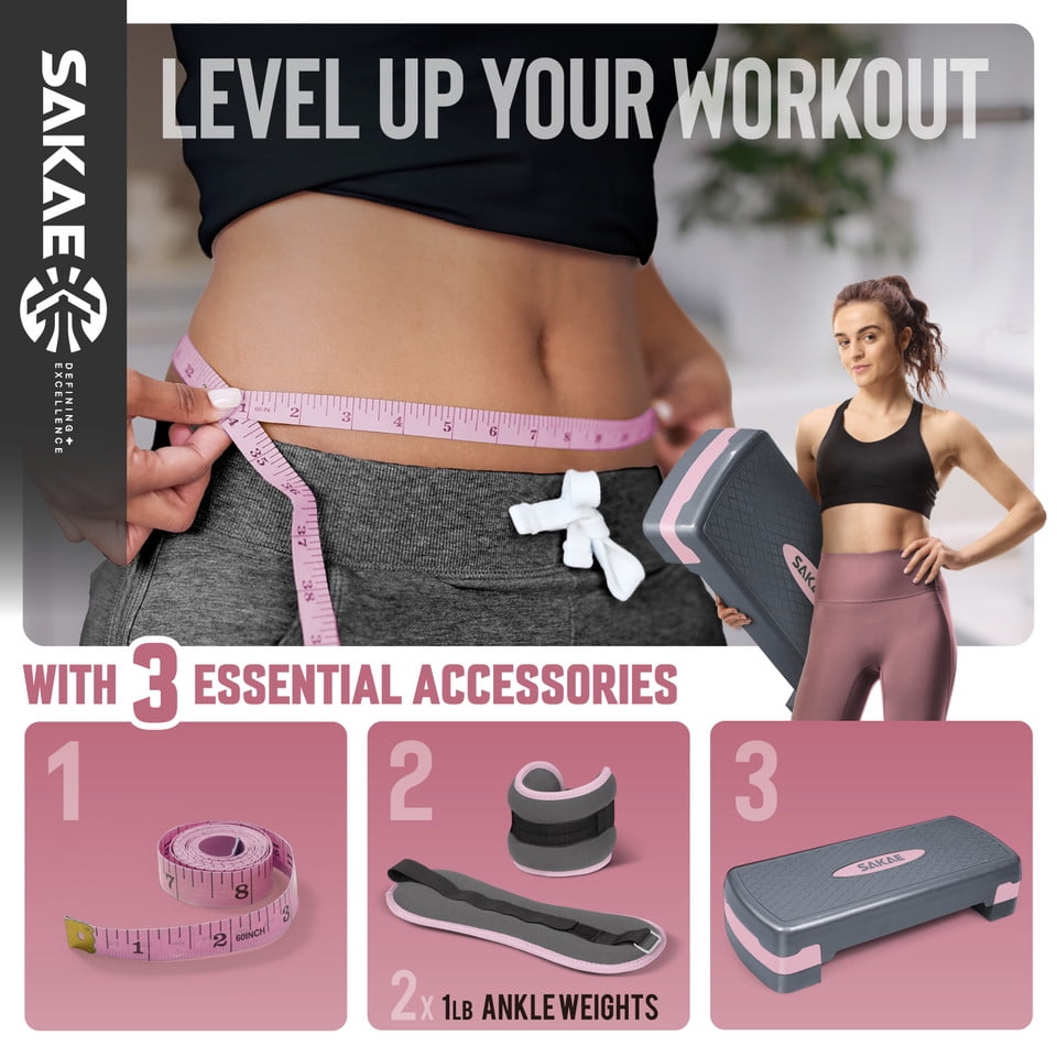 SAKAE Pink Exercise Step Platform Set with Ankle Weights & Measuring Tape, Adjustable Height 2 Level Risers Workout Step Trainer, Aerobic Steppers for Home Gym Exercise Fitness Workout