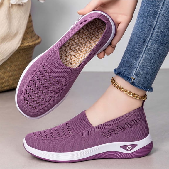 Samdudou Womens Sneakers Closed Toe Slip On Walking Shoes Breathable Lightweight Knit Mesh Upper Sporty Casual Athletic Running Gym Workout Daily Outdoor Footwear