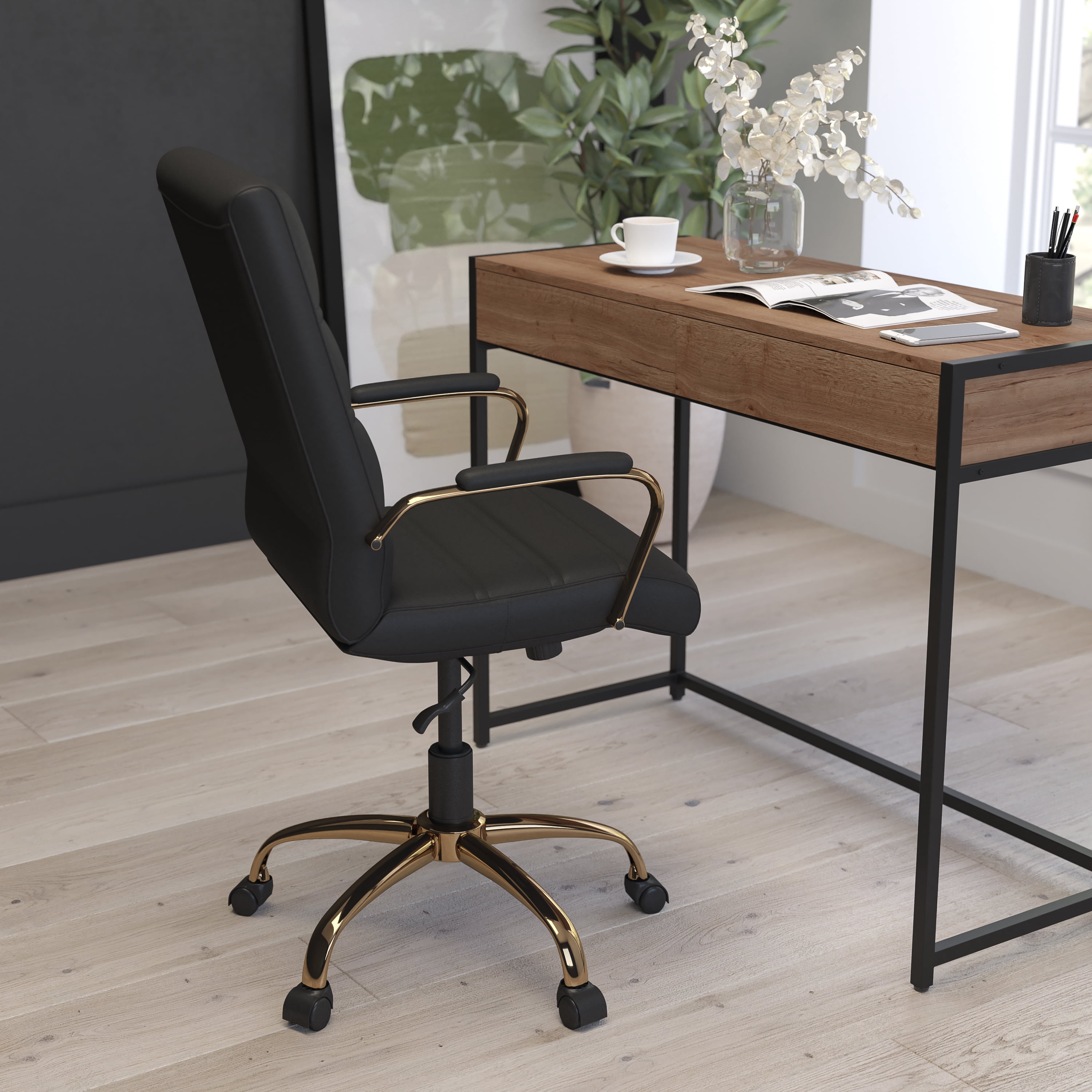 Merrick Lane Contemporary Mid-Back Black Faux Leather Home Office Chair with Padded Gold Arms
