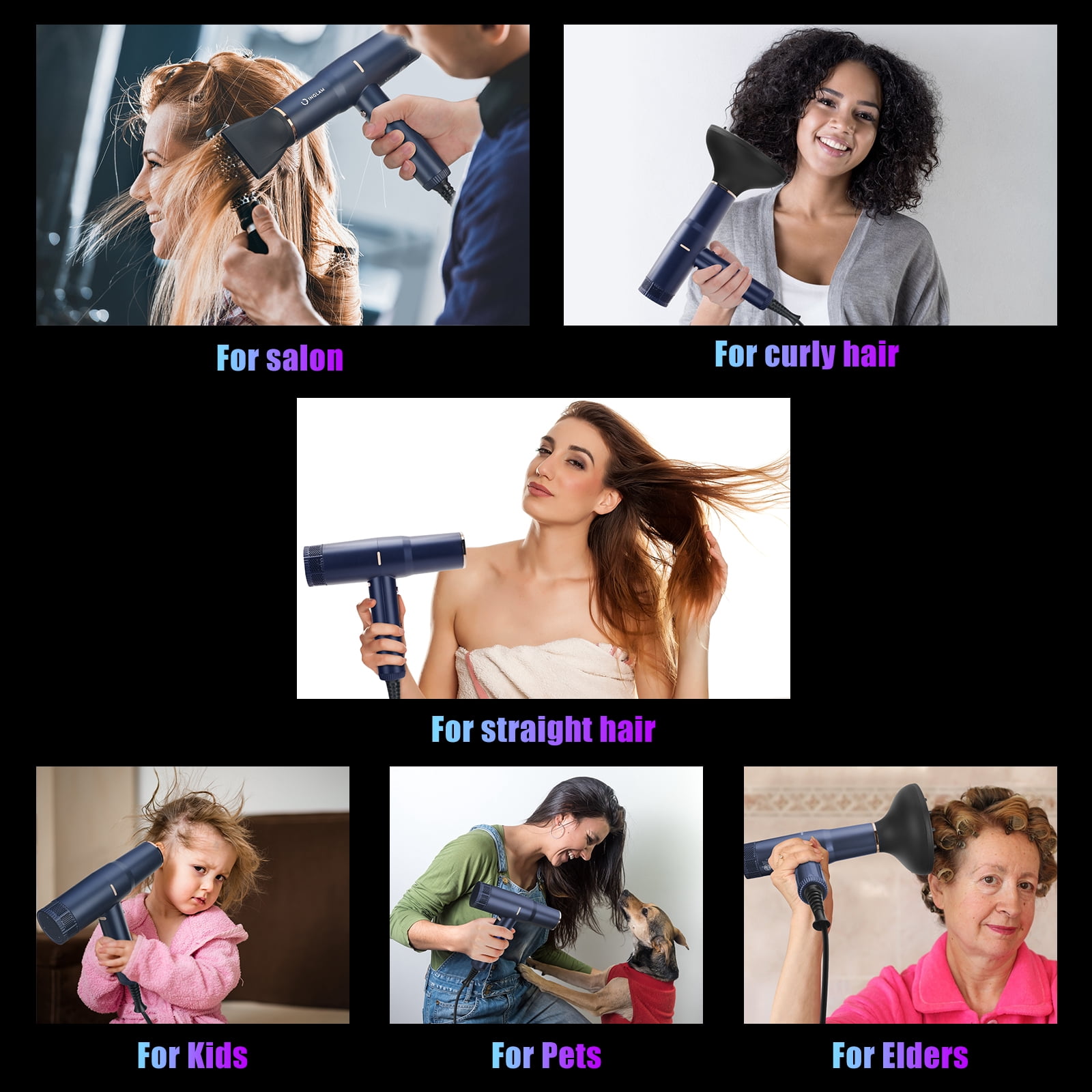 IG INGLAM 1875W ALCI Safety Plug, Lightweight Hair Dryer, 110,000 RPM Brushless Motor, Negative Ion Generator, 3 Heat & Speeds Settings, Auto Clean Function, Portable, 125V, 60HZ