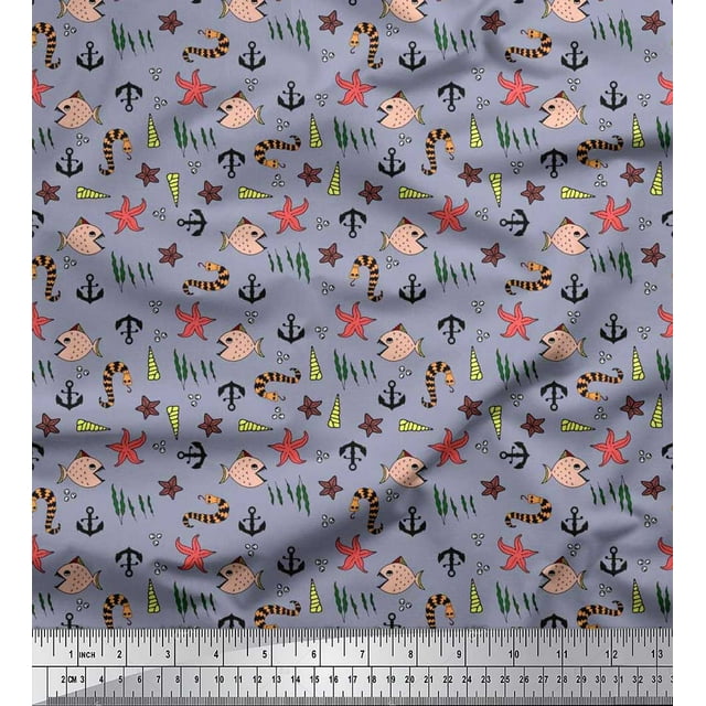 Soimoi Rayon Fabric Anchor Hook,Shell & Starfish Ocean Print Fabric by Yard 56 Inch Wide