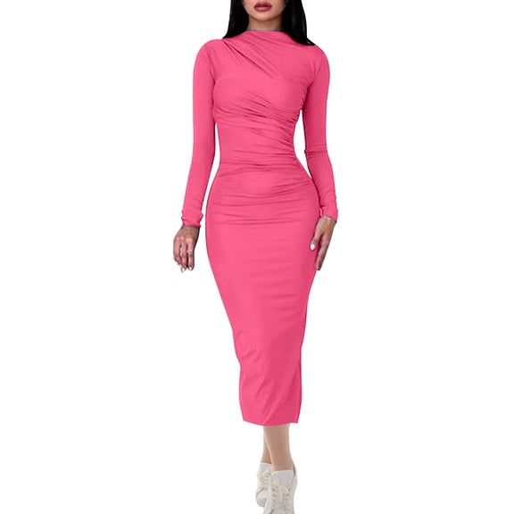 Zpanxa Bodycon Dresses for Women, Asymmetrical Neck Long Sleeve Ruched Midi Length