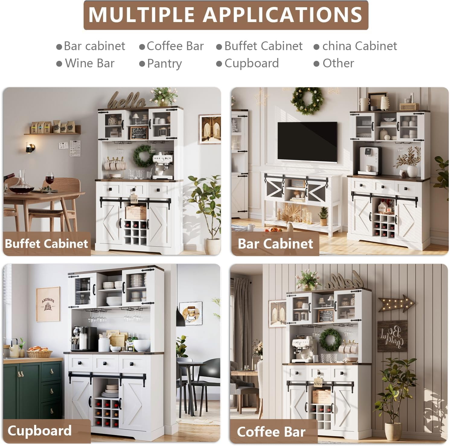 Homhougo 72" Kitchen Pantry Storage Cabinet with Hutch and Sliding Barn Door, Farmhouse Tall Buffet Cabinet with Drawers, Large Coffee Bar with Wine & Glasses Rack, for Home Living Room, White