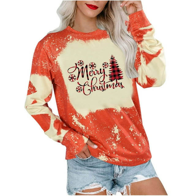 Hauts à Manches Longues pour Femmes Mode Décontractée Hauts à Manches Longues Imprimé de Noël avec Nœud Col Rond Couverture Chandail Chandails en Molleton Manches Longues pour l'Été