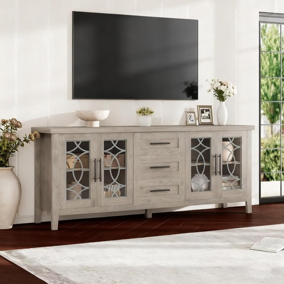 Farmhouse TV Stand, Entertainment Center for 75 Inch TV, Media Console Table with 3 Drawers and 2 Glass-Front Storage Cabinets, Wooden TV Console for Living Room Bedroom, Vintage Gray