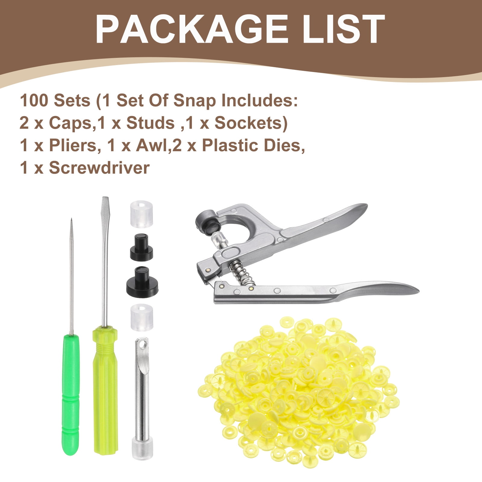 Uxcell Plastic Snaps Fasteners with Snap Pliers, 100 Set T8 Round Resin No-Sew Button Snap Fasteners Kit Yellow