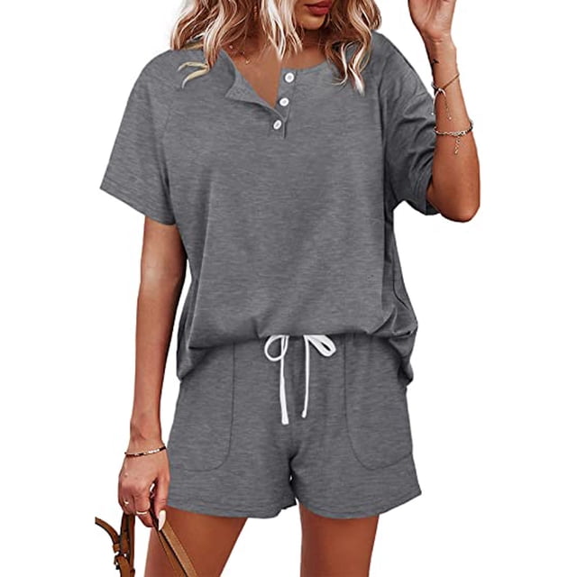 Yuyuzo Two Piece Outfits for Women Lounge Sets Short Sleeve Button down Top and Shorts Set Sweatsuits with Pockets
