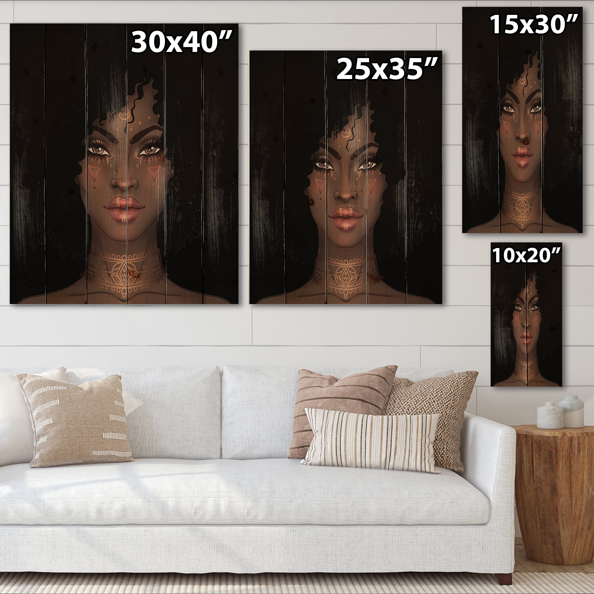 Designart 'Portrait of Afro American Woman II' Modern Print on Natural Pine Wood