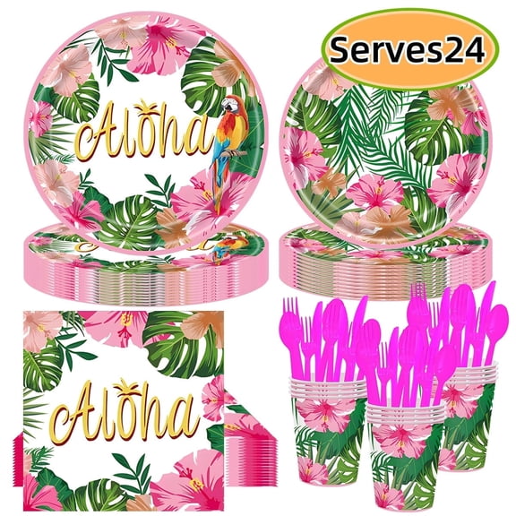 Hawaiian Luau Party Decorations Supplies, Summer Aloha Party Tropical Paper Plate Disposable Dinnerware Set for  Tropical Party Decorations Serves 24