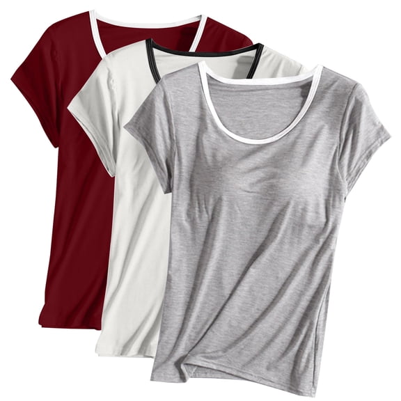 Qetyuw 3 Pack Built in Bra Shirts Womens Short Sleeve Yoga Workout Tops Loose Fit Pajama Tees Soft Pajama Shelf Bra Solid Basic Undershirts