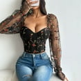 thumbnail image 5 of Women's Floral Lace Corset Off Shoulder Mesh Sheer Party Crop Top Black L, 5 of 6