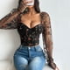 thumbnail image 5 of Top de moda para mujer con bordado de malla de retazos, top de manga larga de corte bajo, top de poliéster para mujer, 5 of 6