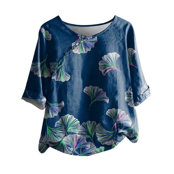 Moda Mujer Causal Cuello Redondo Blusa Estampada 1/2 Manga Camiseta Verano Tops Fridja hjk3332
