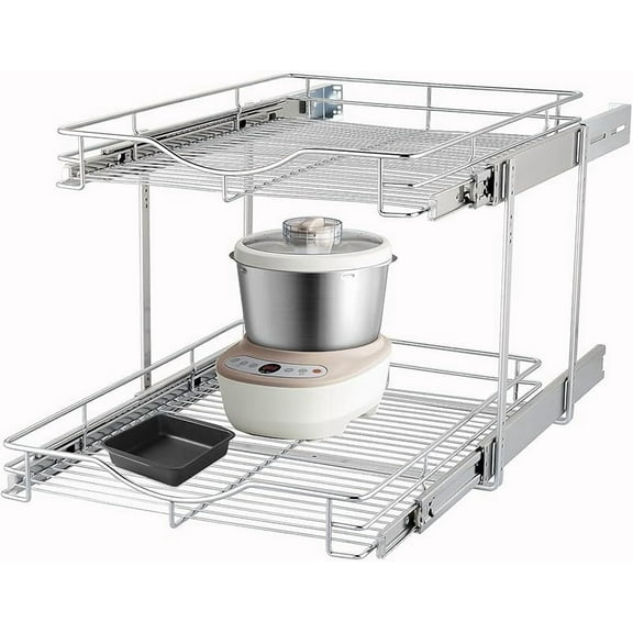 Pull Out Cabinet Organizer (14" W X 21" D), Cabinet Pull Out Shelves, 2 Tier Pull Out Drawers for Kitchen Cabinets, Wire Basket Slide Out Shelf for Cabinet Organization ​ in Kitchen, Pantry