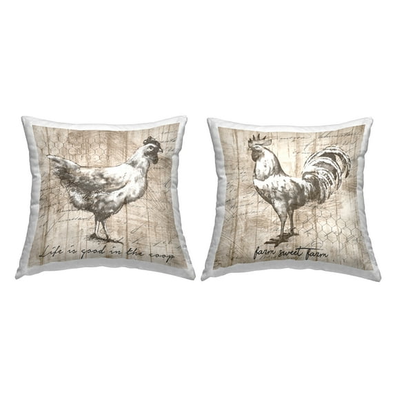 Stupell Industries Vintage Farm Chicken Rooster Inspirational Phrases Farmhouse Brown, 18 x 7 x 18, Decorative Pillows, (Set of 2)