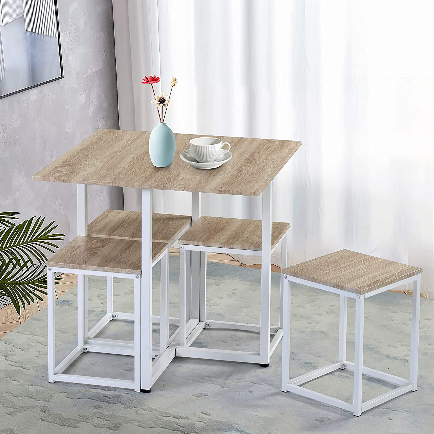 5 Piece Dining Table Set, Dining Set for 4 with Square Stools, Small