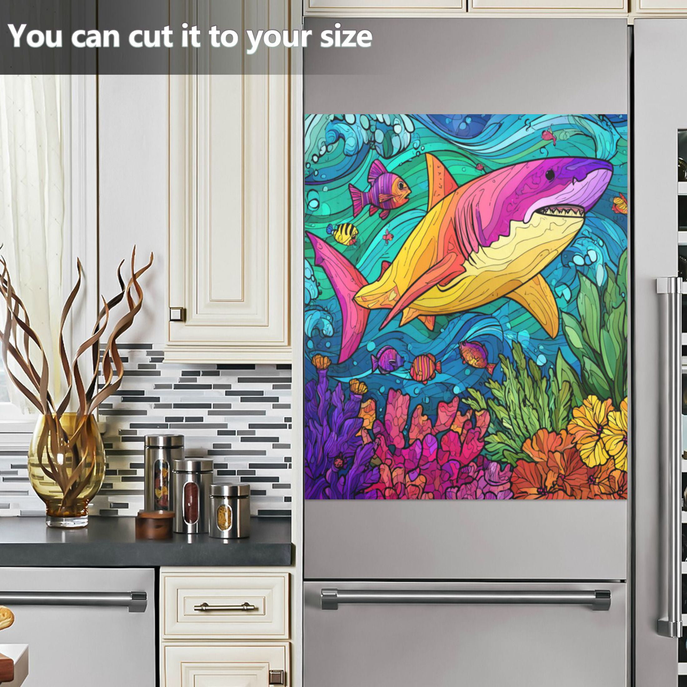 Dishwasher Magnetic Refrigerator Magnet Cover Sticker Home Decorative 23"x26" Colorful Shark Pattern