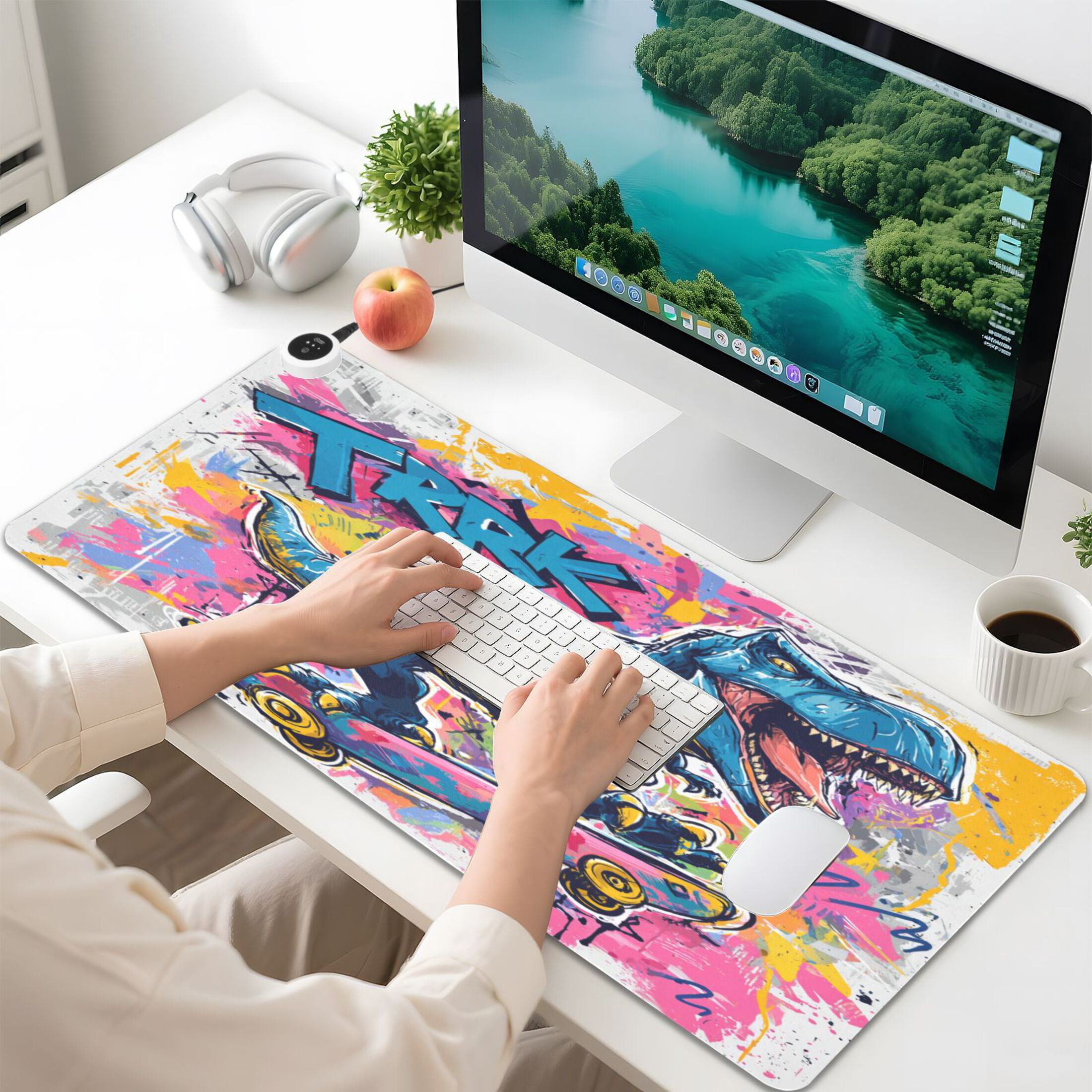 Large Heated Desk Mat Mouse Pad 31.5"x13"PU Leather Graphene Heating Desk Warmer with 3 Temperature Settings 110V US Plug Non-Slip Warm Pad for Home, Office, and Gaming Street Art Dinosaur Design