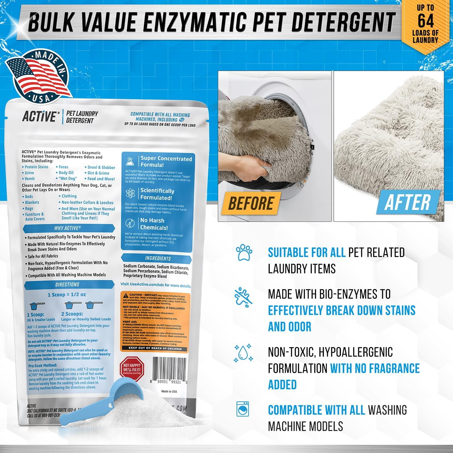 Active Pet Laundry Detergent, Enzyme Based Odor and Stain Lifter for Dog and Cat Bedding, HE Washer Safe, 64 Loads, 1 Pack