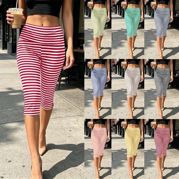 Women's Striped Capri Leggings Fold Over High Waist Tummy Control Workout Yoga Pants Split Hem Knee Length Soft Stretch Casual Pants Yellow