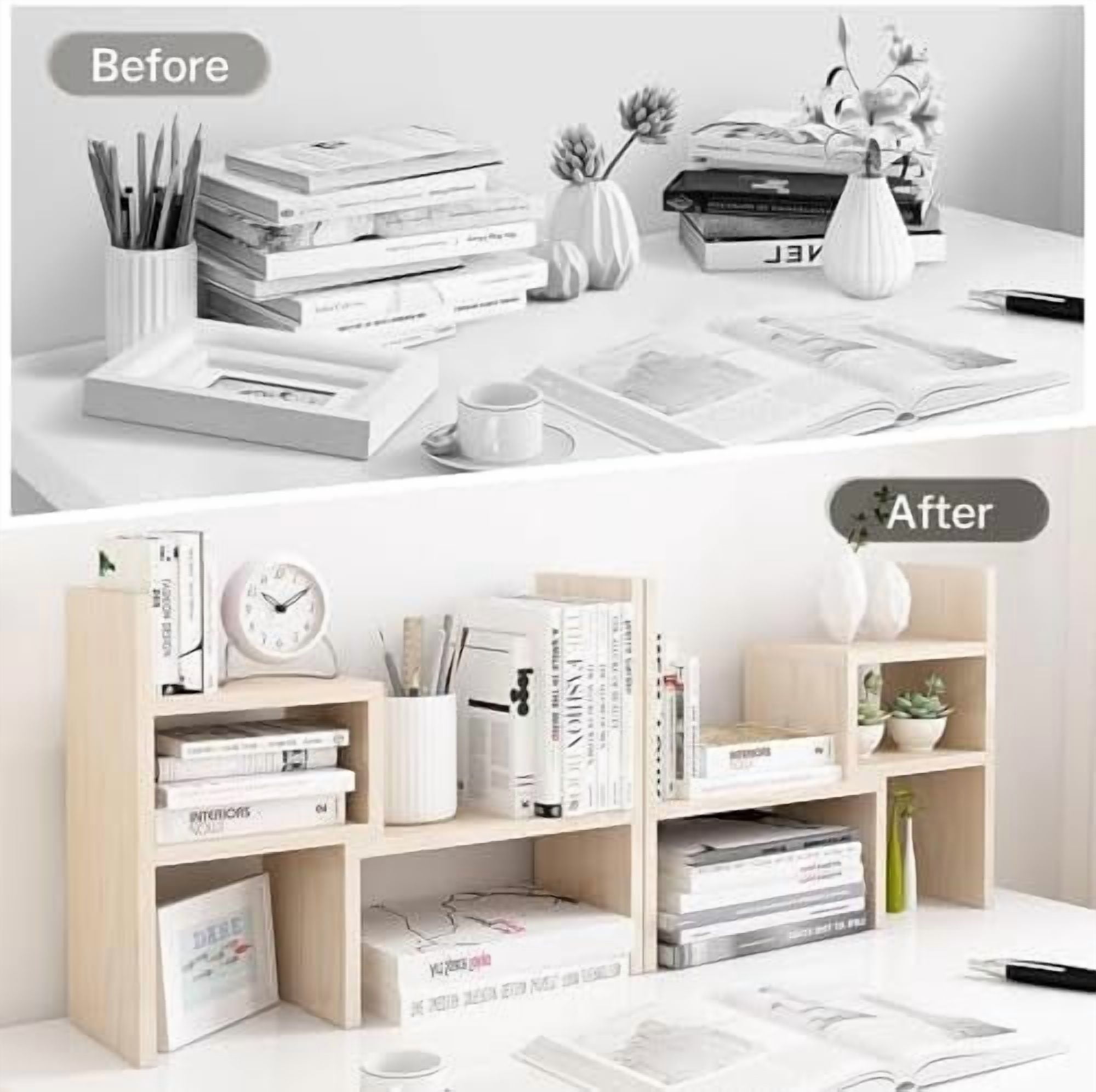 Desktop Organizer Office Storage Rack Adjustable Wood Display Shelf, White, 5 Units, 16"L x 15.8"H x 6.8"W