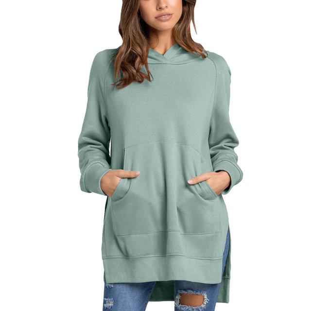 Sudadera con capucha de color puro, manga larga, cuello redondo, sudadera con capucha de moda para mujer Celadon M