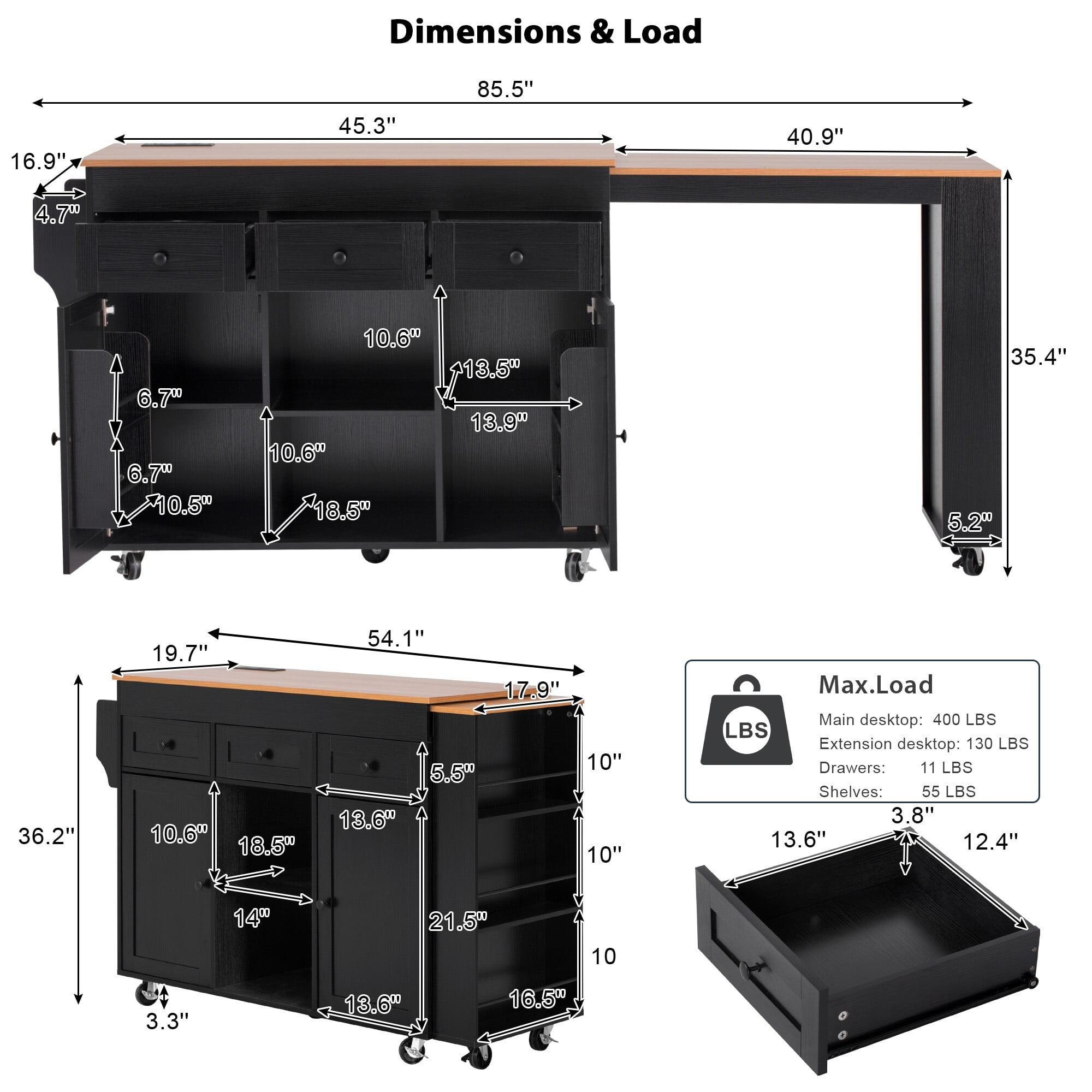 AENKYO 85.5" Kitchen Island with Extendable Table, Charging Station, Mobile Serving Cart with Storage Shelves, Black