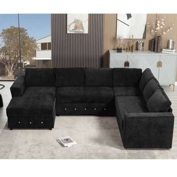 110.75" Sectional Sofa, Oversized Modular Sofa, Chaise Storage, Modern U Shaped Couch, Upholstered Sofas, Chenille, Crystal Button, Living Room, Apartment (Black)