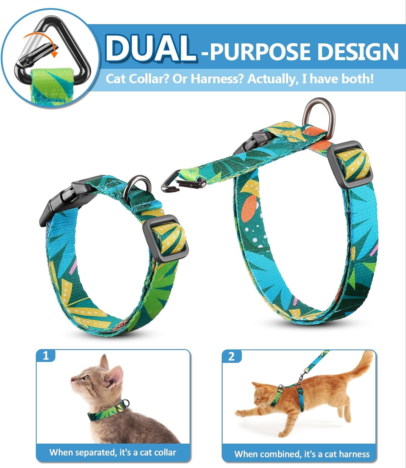 Cat Harness and Leash Set, 3-in-1 Adjustable & Lightweight, Escape-Proof, Comfortable Soft Kitten Harness for Large Cats, Safe, Easy to Wear, Outdoor Walking Travel