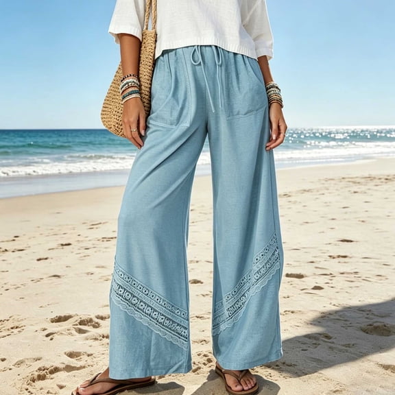 Usloyux Women's Wide Leg Drawstring Trousers with Pockets Flow Loose Long Pants Boho Solid Casual Beach Summer Vacation Workwear Bottoms, Blue L