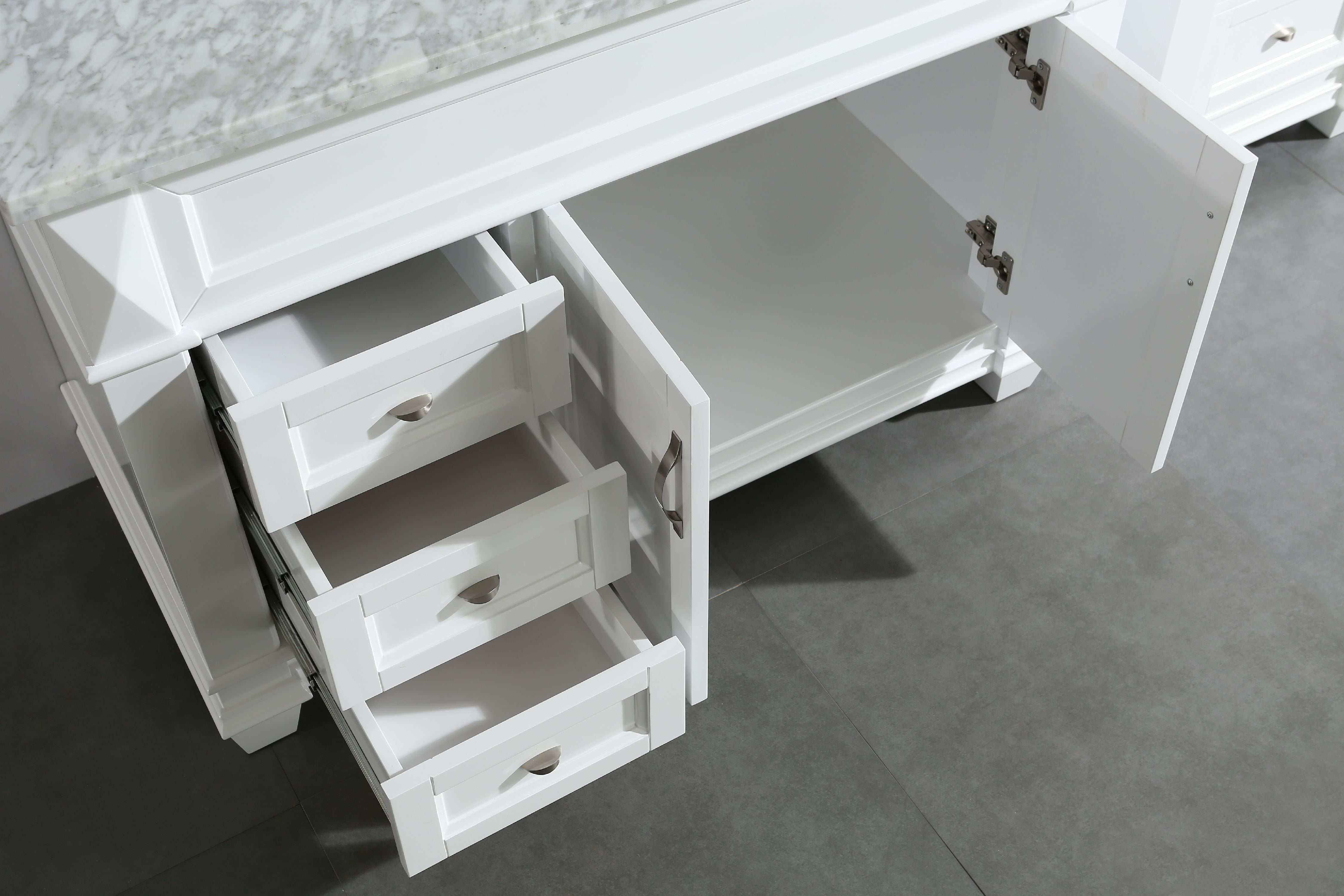 Design Element Hudson 48" Single Sink Bathroom Vanity Set in White with Carrara Marble Top and 65" Linen Tower Cabinet