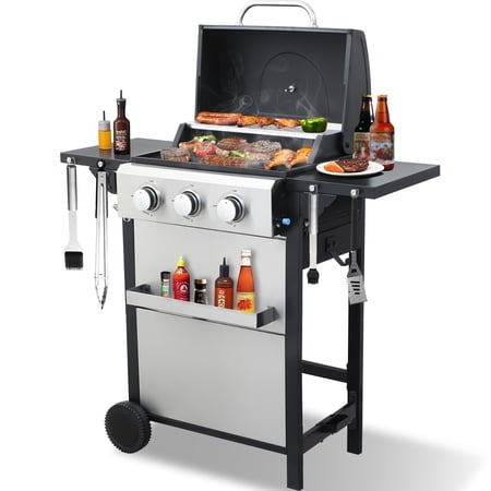Nice Cooker 3-Burner Propane Gas Grill with 2 Foldable Side Tables, 25650 BTU Outdoor BBQ Grill with Porcelain-Enameled Grates, Built-in Thermometer