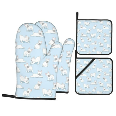 

Oven Mitts and Pot Holders 4 Piece Cute French Bulldog Blue High Heat Slip Resistant Oven Mitt and Trivets Set Kitchen Oven Glove Pot Holders for Cooking Baking Grilling
