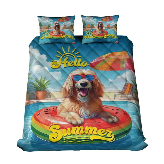 Hello Summer Afghan Hound Pool Day on Watermelon Float Quilt Bedding Set Dog Lover 1 Blanket Bed Cover 2 Pillowcases - 13008