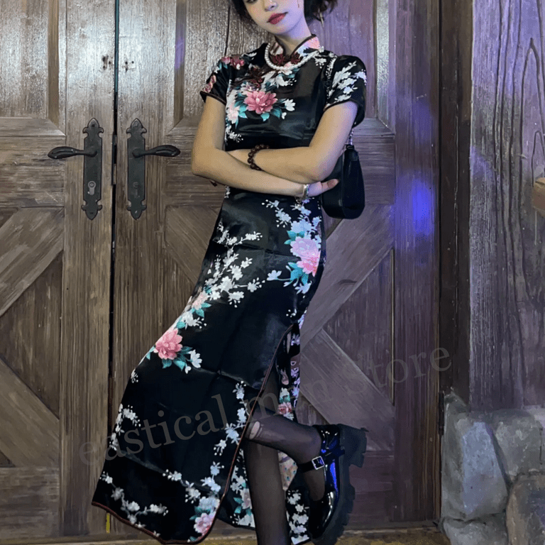 Plus Size 3Xl 4Xl 5Xl 6Xl Qipao Long Elegant Cheongsam Women Satin Print Flower Chinese Style Dresses New Vestidos Walmart