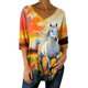 thumbnail image 1 of 3/4 Manga Casual Tops para las Mujeres V-Cuello Suéter Suelto-Ajuste Impreso Top Moda Casual para la Primavera Y el Verano, 1 of 5