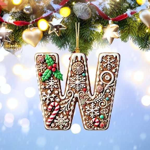 Personalized Christmas Letter W Ornament, DIY Gingerbread Acrylic Alphabet Decoration with Holly and Candy Cane, Hanging Tree Gift Tag for Party