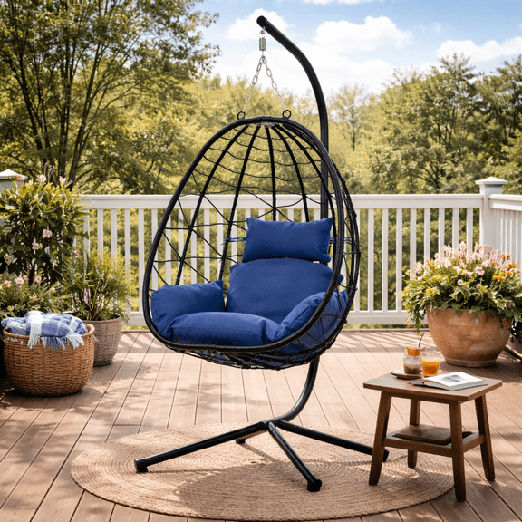 Sesslife Adult Steel Egg Hanging Chair with Soft Cushion and Pillow, Black