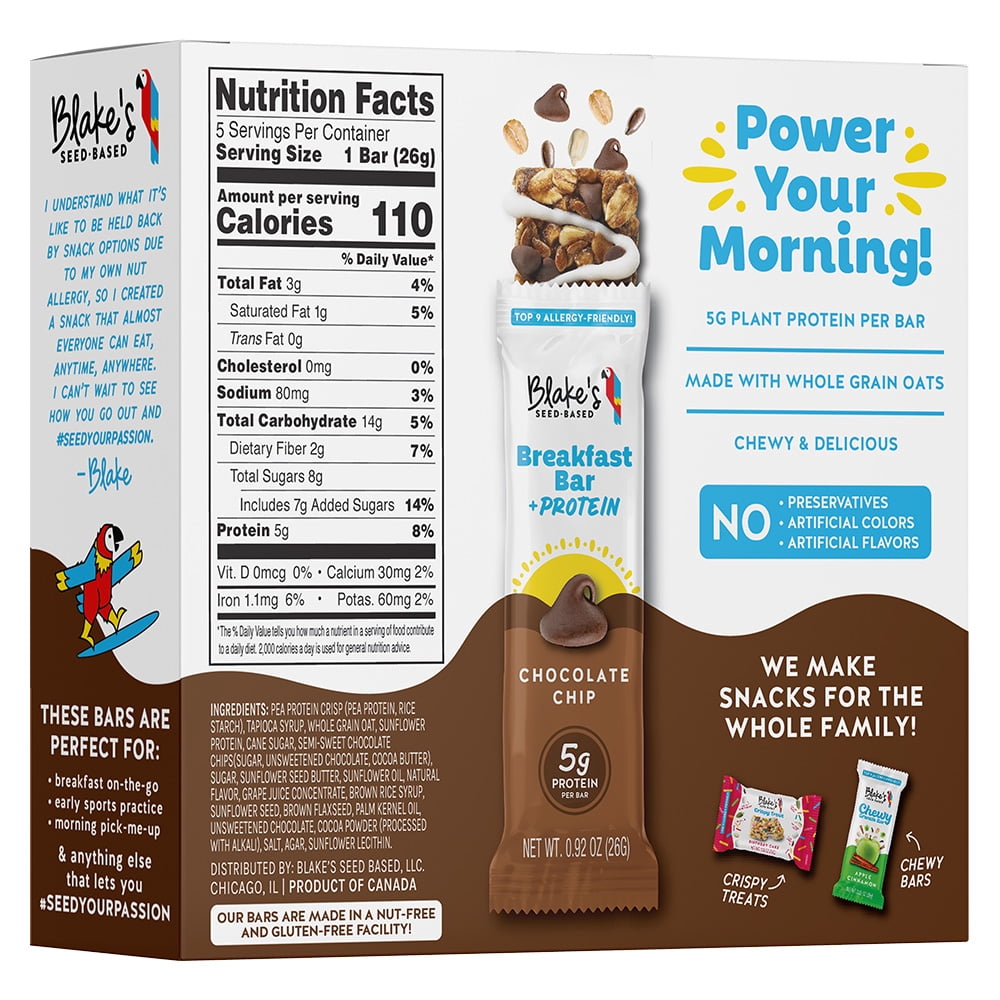 Blake’s Seed Based Breakfast Bars with Protein — Chocolate Chip 5ct, Top 9 Allergen Free