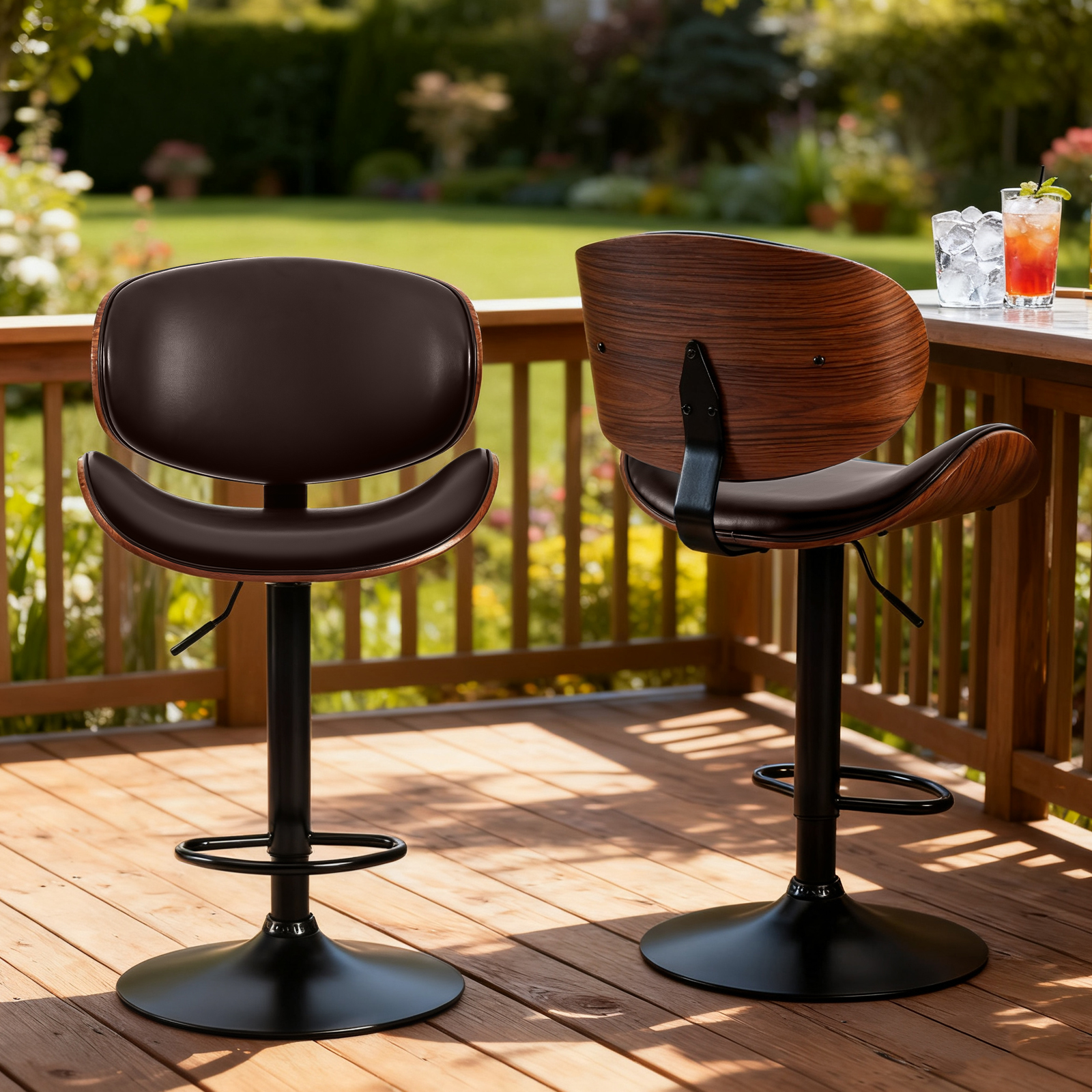 CONCETTA Swivel Bar Stool Set of 2 Pack, Adjustable Height, PU Leather Seat with Anti-slip Rubber Base, Brown