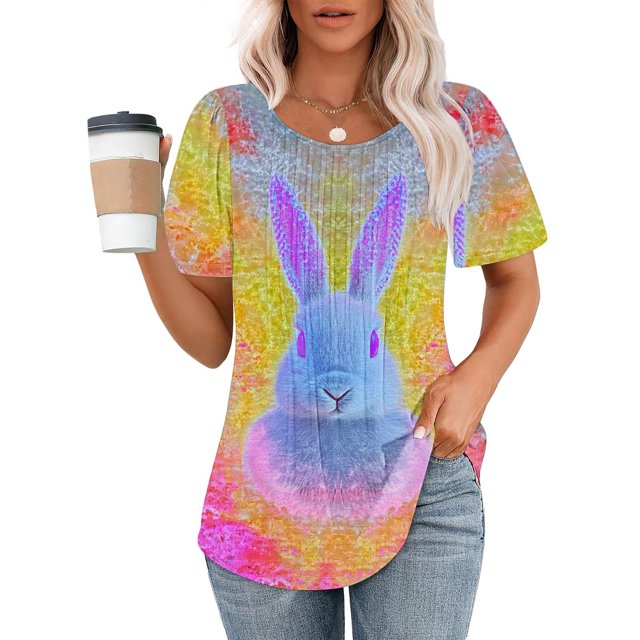 Xuyuer Happy Easter Family Matching Shirt Women Easter Sunday T-Shirt Cute Tie Dye Bunny Graphic Tee Holiday Short Sleeve Tops Funny Bunny T-Shirt Rabbit Graphic Tee Tops